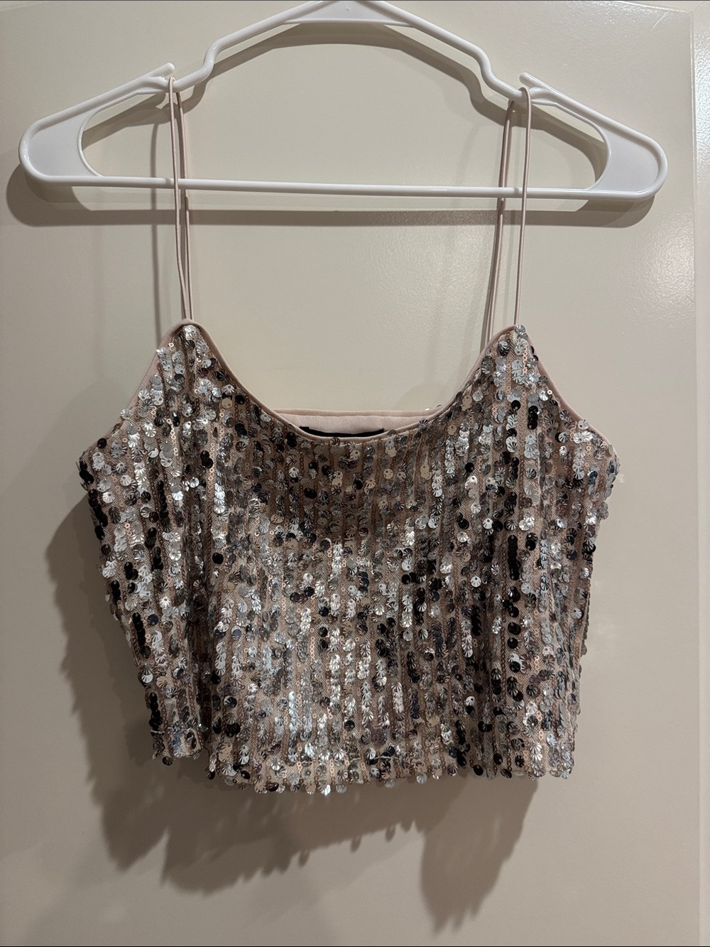 Forever 21 Rose Gold Sequin Spaghetti Strap Crop Top